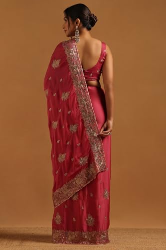Soch Womens Onion Pink Fendy Chiffon Floral Saree With Stone Work