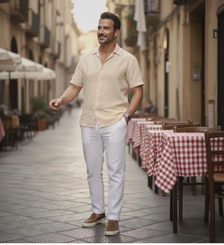 Glowic Men Linen Shirt Casual Regular Fit Solid Stylish Summer Wear Shirt for Office Party Beach Holiday Lightweight Breathable Fashion Shirt (in, Alpha, L, Regular, Cream)