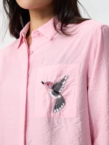 The Souled Store Textured Shirt: Pink Bird Women and Girls Full Sleeves Spread Collar Pink Embroidered Relaxed Fit Lightweight Easy to Style Everyday Office Wear Winter-Ready Shirt