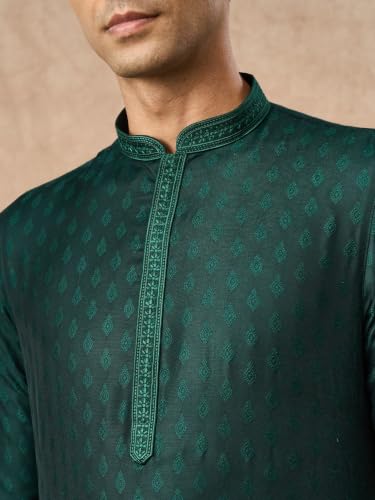 Manyavar Men's Art Silk Self-Textured Knee-Length Kurta Pyjama Set (Dark Green,XXL)