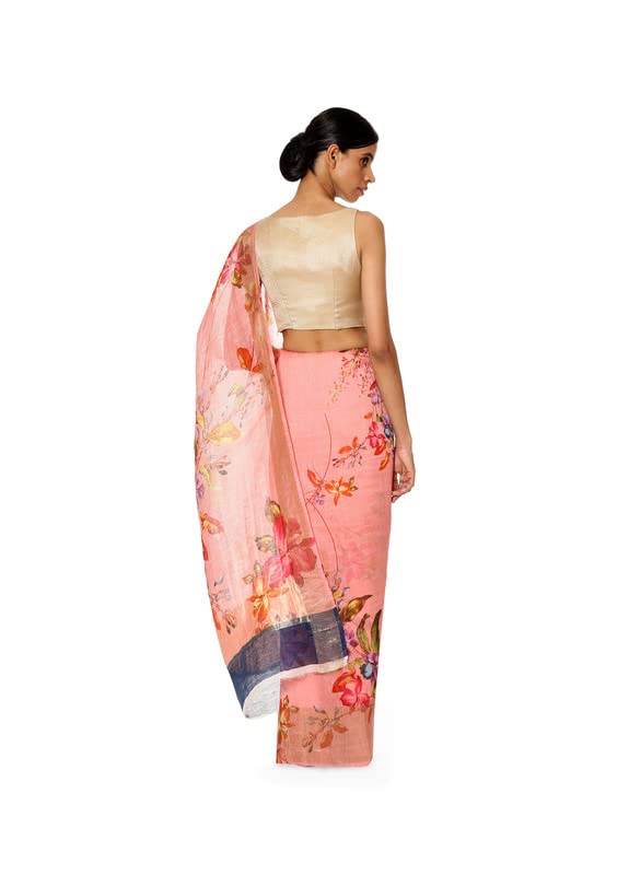 Satya Paul Pink Rose Banarasi Linen Printed Silk Saree for Women