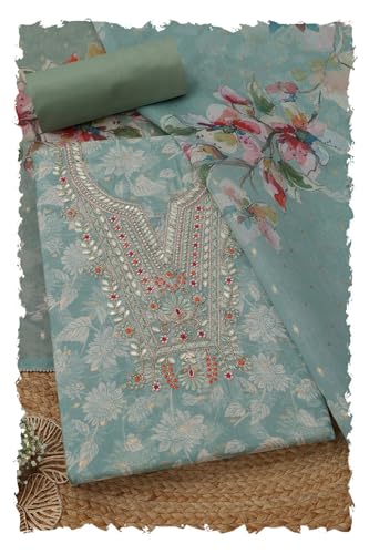 Soch Womens Sap Green Chanderi Floral Dress Material With Cutdana