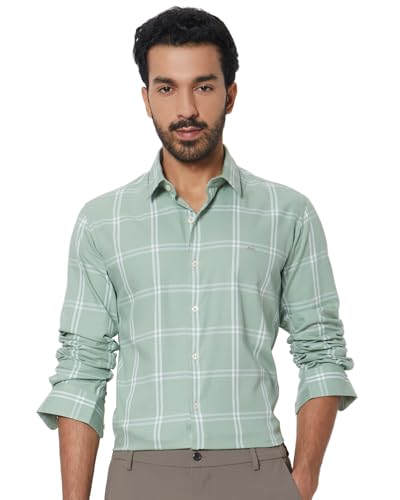 MUFTI Men Shirt | Slim Fit Full Sleeve Spread Collar Checkered Design | 100% Cotton Breathable Fabric | Business Casual & Smart Casual Office Wear| Light Olive 6XL