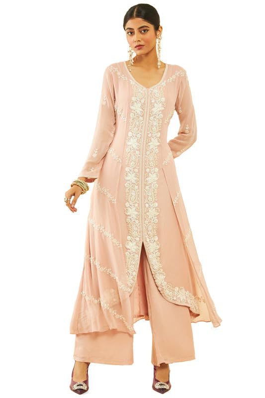 Soch Womens Blush Pink Georgette Floral and Paisley Pattern Beadwork Suit Set(OWS2CD2102A)