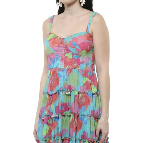 Biba Women's Cotton Tiered Floor Length Dress (POPPLAY2850SS25TUR_Turquoise