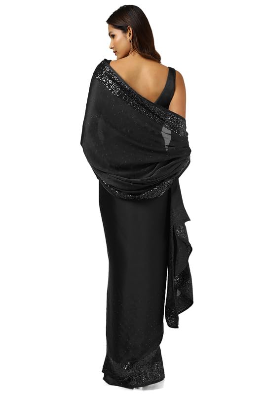 Soch Womens Black Satin Saree With Stones And Sequins