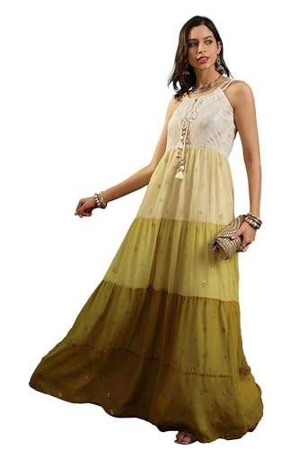 LYMI LABEL Gown for Women - Georgette Sequins Floral Embroidered Frilled Flared A-Line Ethnic Kurta Dress