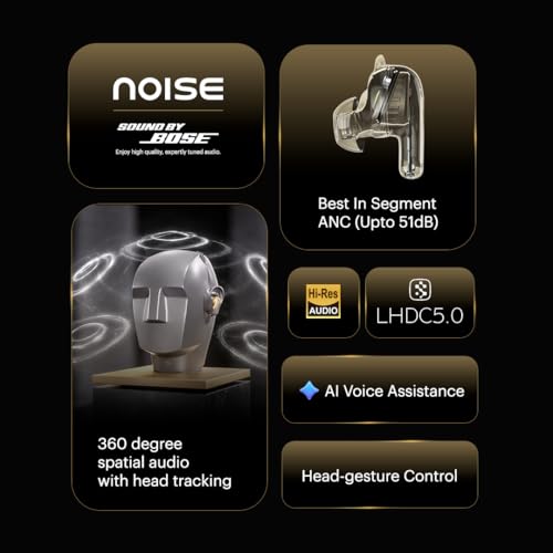 Noise Master Buds 2 with Sound by Bose Truly Wireless Earbuds (2026),51dB Adaptive ANC, Hi-Res LHDC Audio,360° Spatial Audio with Head Tracking, 6-mic ENC, Dual Pairing, Fast Charge & BT v6.1 (Aurum)