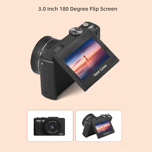 YUEHISY Digital Camera, 5K 75MP WiFi Selfie Travel Camera with 3" 180 Flip Screen, 18X Zoom, Macro Wide Angle Lens, 32GB Memory Card, for Photography (Black)