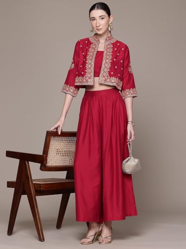 Aarke Ritu Kumar Wine Hiranmayi Festive Emb. Jacket With Bustier And Palazzo Co-Ord Set