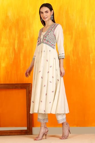W for Woman Off-White Embroidered Yoke Textured Cotton Anarkali Kurta, Pants and Dupatta Set (Size: XL)-WS12118-222952