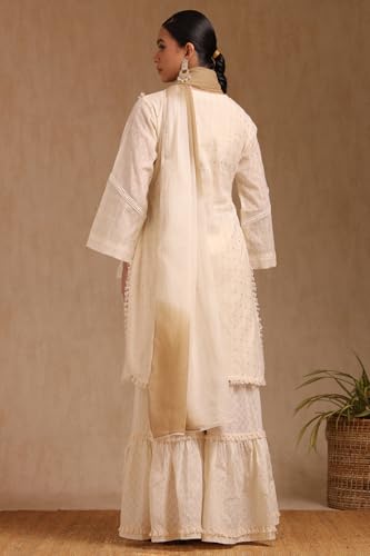 Soch Womens Off White Cotton Embroidered Suit Set With Faux Mirror And Sequins