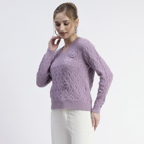 Madame Cable Knit Applique Flower Mauve Sweater