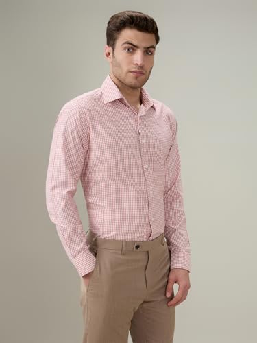 Raymond Men Slim Fit Checks Pattern Bamboo Polyester Blend Semi Cutaway Collar Full Sleeve Formal Shirt Orange