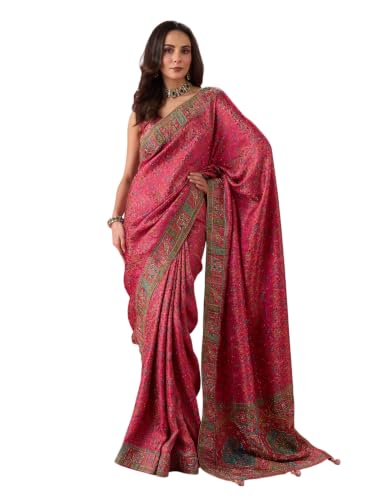 MOHEY Women's Artistic Pink Saree with Blouse Piece (Pink)