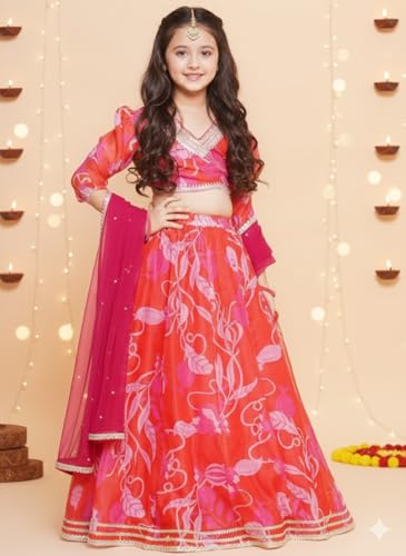 Naixa Girls Red Chanderi V Neck 3/4 Sleeve Floral Printed Choli and Lehenga with Dupatta Set | Latest Floral Designer Printed Lehenga Choli Set for Girls (SE09_7-8 Year)