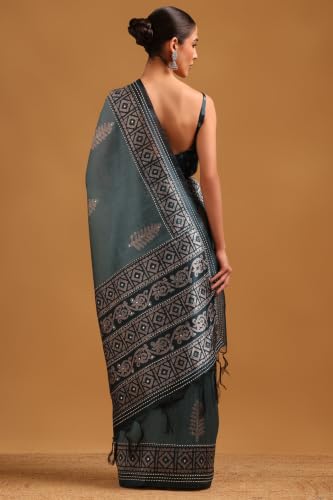 Soch Womens Turquoise Blue Tussar Batik Printed Saree With Mirror Work