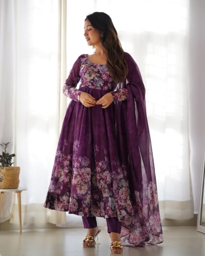 Leeli Peeri Designer Women's Organza Silk Floral Print Anarkali Kurta Set With Dupatta