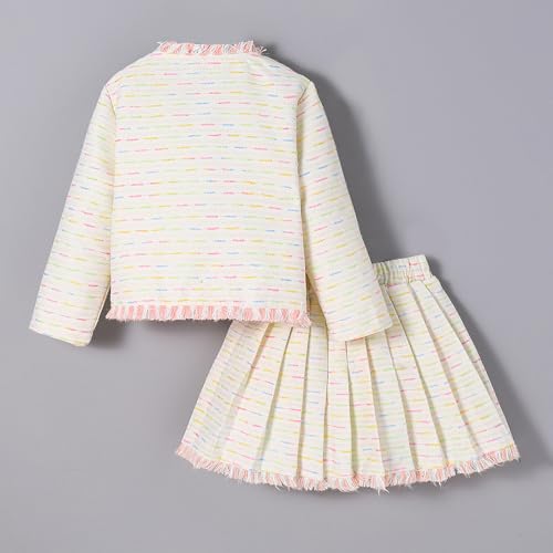 Hopscotch Girls Full Sleeves Beige 2-Pc Fringe Detail Tweed Skirt Set For Ages (18-24 Months)