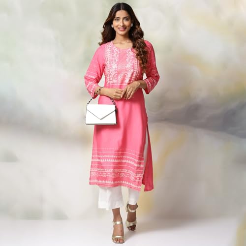 BIBA Women Pink Rayon Straight Kurta Palazzo Suit Set_46