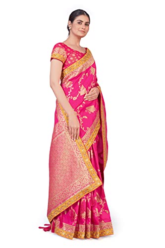 Monjolika Fashion Women's Elegant Banarasi Tissue Silk Saree with Rich Zari Border With Unstitched Blouse Piece (Rani Pink)