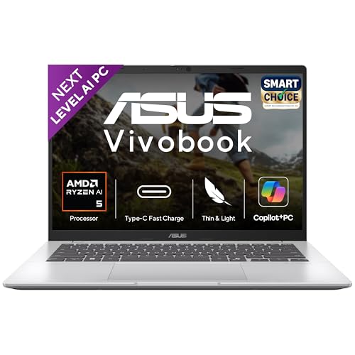 ASUS Vivobook 14,Smartchoice,AMD Ryzen AI 5 330,16GB RAM,512GB SSD, FHD+ 14", Win11,Office24,M365 Basic (1Yr)*, Cool Silver,1.46Kg,M1407KA-LY131WS, AMD Radeon iGPU, 50 Tops,Next-Gen AI Laptop,Copilot+