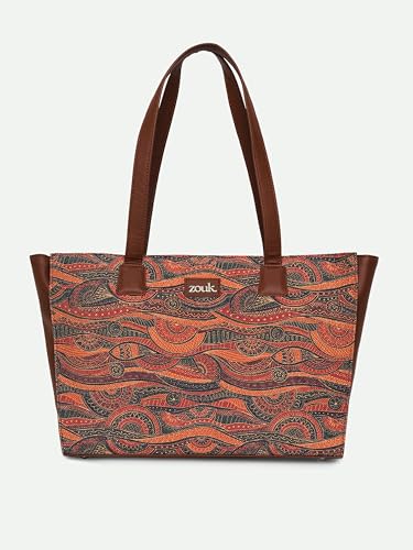 ZOUK Pithora Artistry Abstract Printed Women Jute Vegan Leather Space Blue Office Tote Bag for Ladies With Laptop Compartment