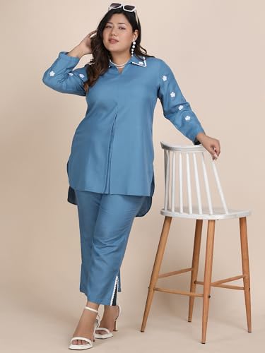 Bani Women Plus Size Blue Embroidered Co-ord Set with Collared Neck and Side Slit Pants | 2 Pec Out Fit Dress | Outerwear Dress