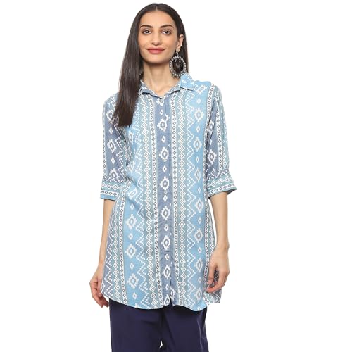 BIBA Women's Rayon Printed Short_Regular Fit Kurta Mix and Match(TOP & TUNICS20204_Blue_36), Large