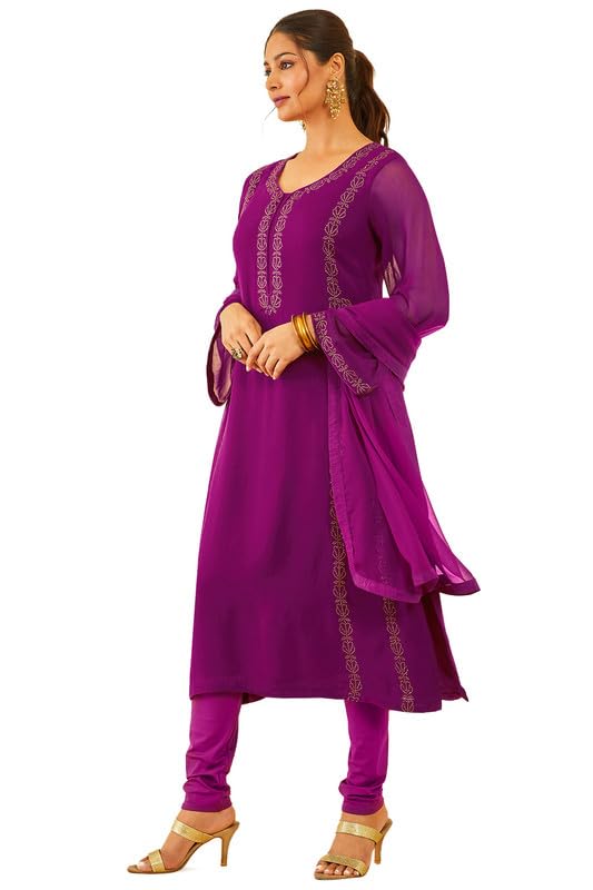 Soch Womens Magenta Embellished Georgette Suit Set with Dupatta