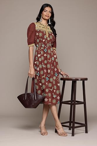 Aarke Ritu Kumar Band Collar Elbow Sleeve Printed Dress Brown