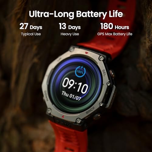 Amazfit T-Rex 3 Outdoor Rugged Military 48mm Smart Watch, Built in GPS, 27 Days Battery Life, Offline Maps, 2000 Nits Brightness, 10 ATM Water Resistance, AI Coach, for iOS & Android (Lava)