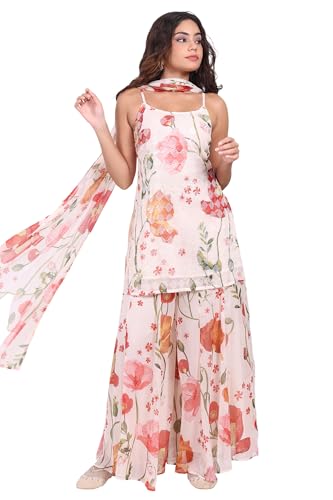 W for Woman White Floral Printed Crepe A-Line Kurta with Culotte and Dupatta Set - (WS13913-127594-M)