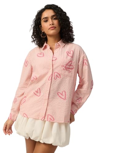 The Souled Store Little Hearts Women and Girls Full Length Sleeves Spread Collar Light Pink Striped Embroidered Cotton Oversized Boyfriend Fit Lightweight Everyday Shirt