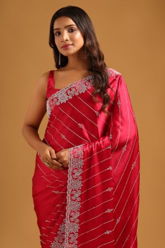 Soch Womens Fuchsia Satin Stonework Embellished Saree