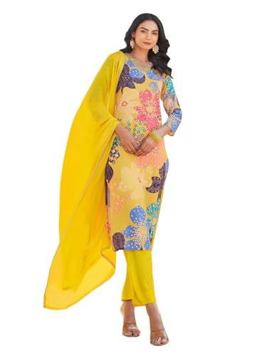 Vaamsi Women's Cotton Blend Floral Straight Printed Kurta Pant With Dupatta (PKSKD2492_M_Yellow)