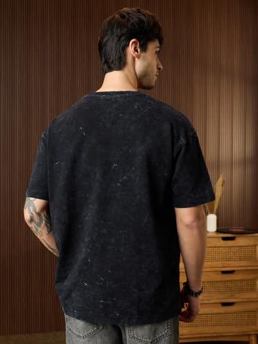 The Souled Store Mickey Mouse: Not Mousy Men and Boys Short Sleeves Round Neck Charcoal Grey Graphic Printed Casual Lightweight Drop Shoulder Streetwear Trendy Oversized T-Shirts
