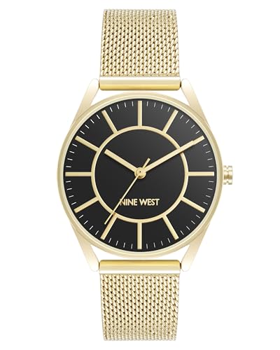 Nine West Women's Analog Watch, Gold-Tone Mesh Bracelet, Limited Movement, Mineral Crystal Lens, Black Glossy Dial, Water Resistant
