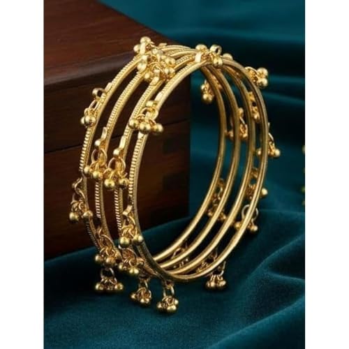 SAMC Women Golden Plated Ghungroo Bangle Set | Set of 8 Pieces | Kashmiri Style Design | Slip On Closure | Festive Wrist Jewellery Women