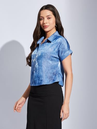 Latin Quarters Women Blue Collared Short Sleeve Tie & Dye Shirt Blouse for Casual Wear_S
