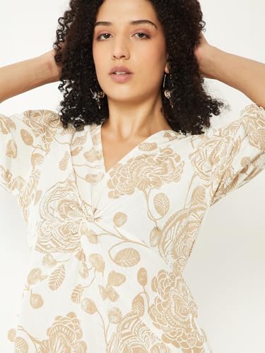 Max Women Printed A-line Midi Dress(Beige_M)