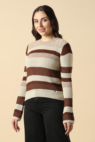 Women Beige Stripe Round Neck Casual Sweater