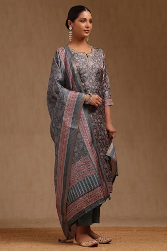Soch Womens Grey Tussar Floral Print Suit Set With Zari