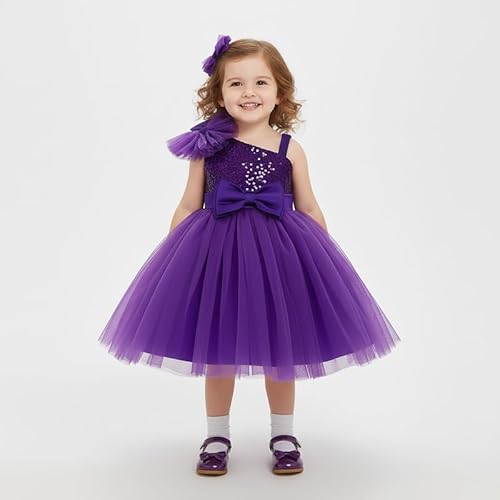 KIYOL Girls One Shoulder Sequin Satin Tulle Party Dress with Large Bow ? Elegant Purple Princess Gown for Birthday, Wedding & Special Occasions -Purple Barbet 2-3Y