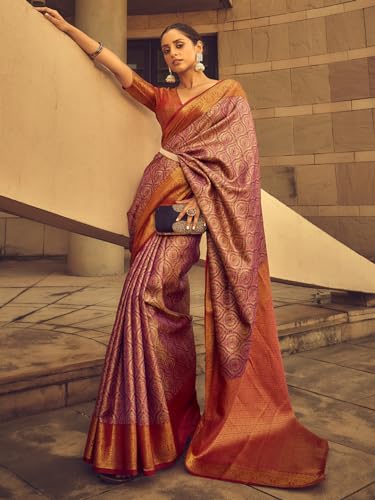 AKHILAM Women's Banarasi silk Ethnic Motif Printed Saree With Unstitched Blouse Piece(Mauve_KINKHAB1204_RJ)