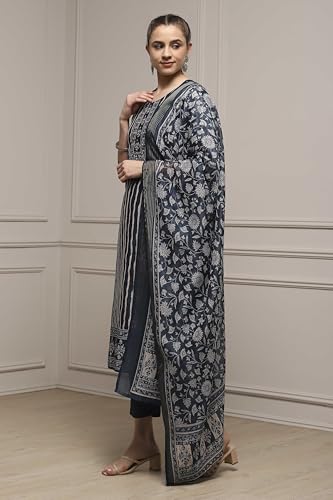 Biba Women Blue Chanderi Blend Printed Embroidered Unstitched Suit Set_FREE SIZE