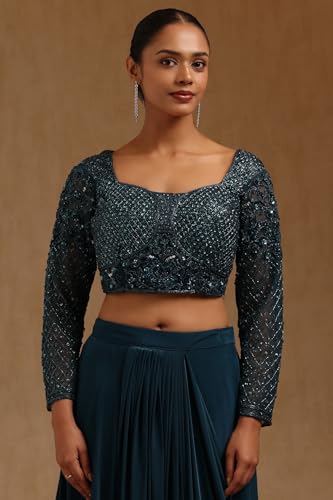 Soch Womens Blue Spandex Solid Ready To Wear Saree