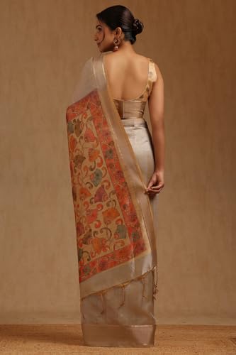 Soch Womens Grey Tussar Floral Zari Woven Saree