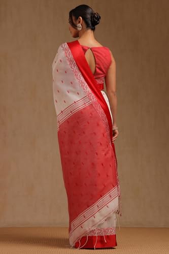 Soch Womens White Cotton Woven Design Saree