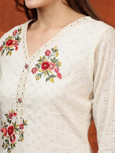 NIVANA Hand Embroidered & Chikankari Kurta with Pant & Floral Printed Dupatta | L | Cream | V-Neck | 3/4 Sleeves | Straight Fit